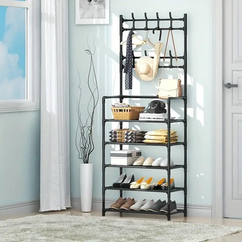 Coat and shoe rack organiser with 5 tiers for shoes and hats, 8 hooks, suitable for bedrooms, hallways, dorms; free-standing and easy to assemble.