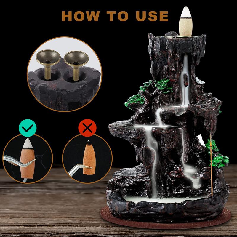 Incense Burner, Backflow Incense Holder 2 sides Waterfall Incense Burnier with 120 Backflow Incense Cones, 30 Incense Sticks, Aromatcherapy Ornamen for home