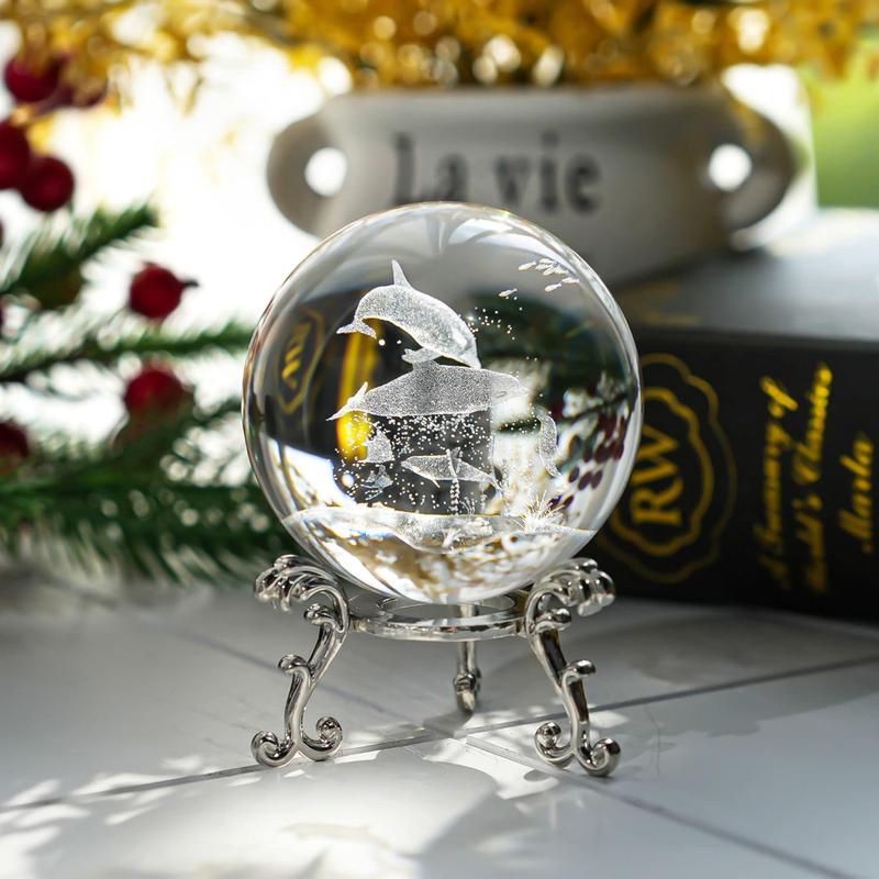 HDCRYSTALGIFTS 60mm Dolphin Crystal Ball with Stand 3D Laser Engraved Decorative Glass Sphere Paperweight(Clear)