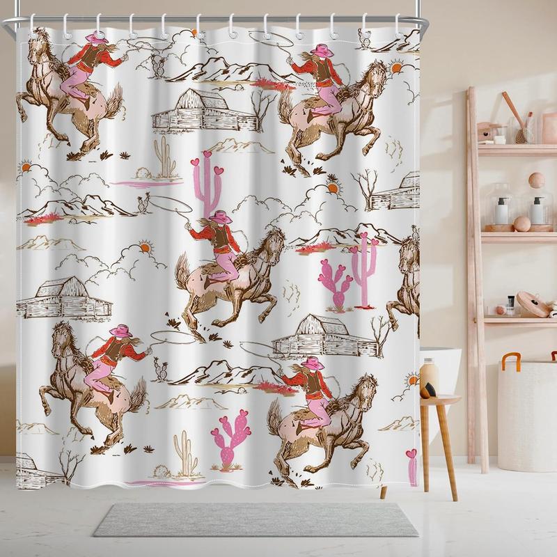 Western Shower Curtain Wild West Cowboy Bathroom Curtain Cowboy Riding Horse Cactus Desert Farmnhouse Bath Curtain Fabric Washable Waterproof Bathroom Decor 12 Hooks (Pink, 72x72 Inch)