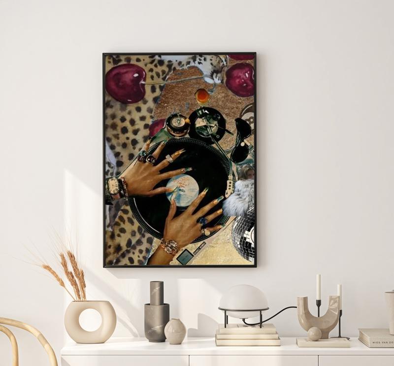 Black Girl Wall Poster, Fashion Girl Poster ,Leopard Poster, Vintage Music Record Player Print