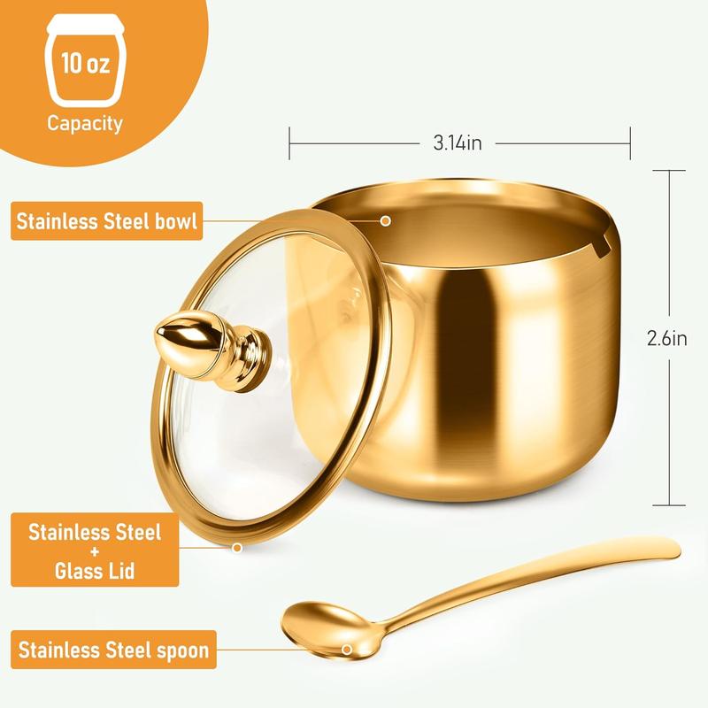 Sugar Container with Glass Lid and Spoon - 10oz Gold Sugar Bowl for Coffee Bar Station Accessories Kitchen Storage for Salt, Candy, Coffee Bean (Gold)