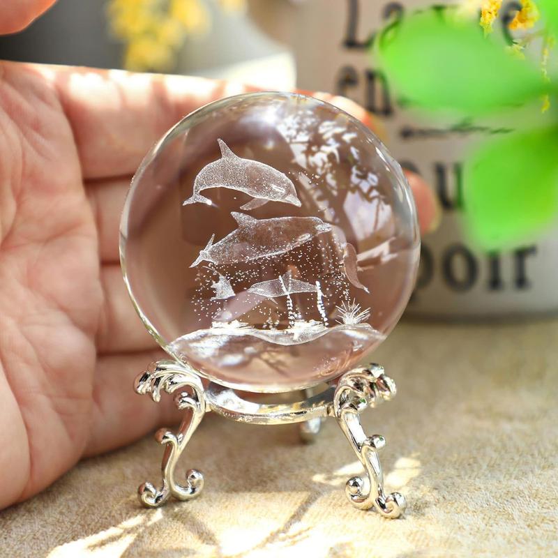 HDCRYSTALGIFTS 60mm Dolphin Crystal Ball with Stand 3D Laser Engraved Decorative Glass Sphere Paperweight(Clear)