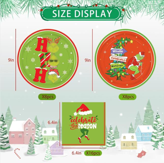 Grinchh Christmas Party Plates and Napkins Table Decorations - 32 Pack Dinnerware Set for Xmas Holiday Birthday, Serve 16