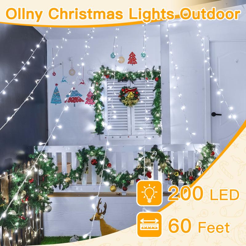 Ollny 200 LED Christmas Lights, Warm White Connectable Plug in Outdoor String Lights, 60FT Waterproof Fairy Lights with 8 Modes for Christmas Tree Halloween Decorations Indoor