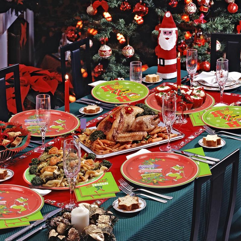 Grinchh Christmas Party Plates and Napkins Table Decorations - 32 Pack Dinnerware Set for Xmas Holiday Birthday, Serve 16