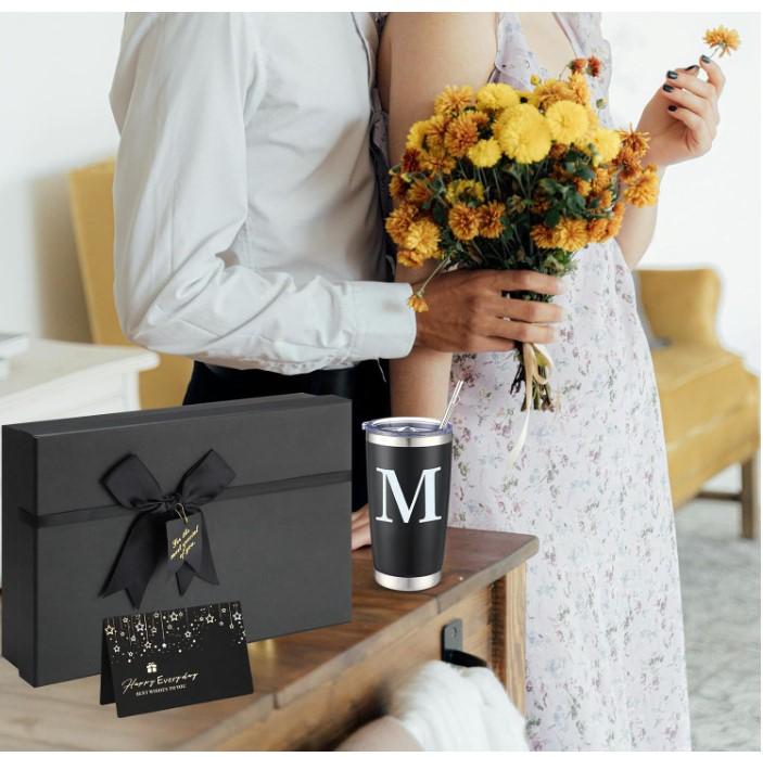 7 Pcs Initial Thanksgiving Gifts for Men Get Well Soon Gift Basket Monogram Box Gift Set for Him Husband Boyfriend Anniversary Dad Groomsman Coworker Retirement Birthday Tumbler Gift Set(A)