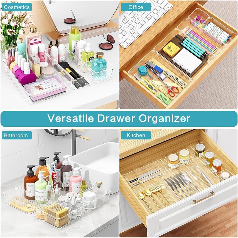 80Pcs Drawer Organizers Set, 4 Sizes Clear Plastic Drawer Organizers and Storage Bins for Kitchen Bathroom Office Dresser Desk Drawer Organizer Tray