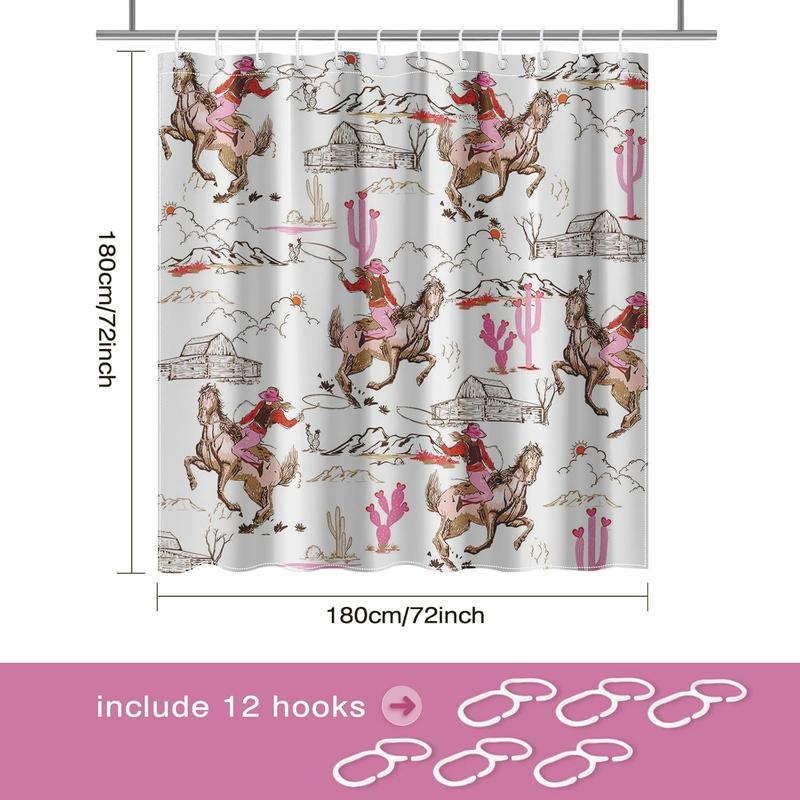 Western Shower Curtain Wild West Cowboy Bathroom Curtain Cowboy Riding Horse Cactus Desert Farmnhouse Bath Curtain Fabric Washable Waterproof Bathroom Decor 12 Hooks (Pink, 72x72 Inch)