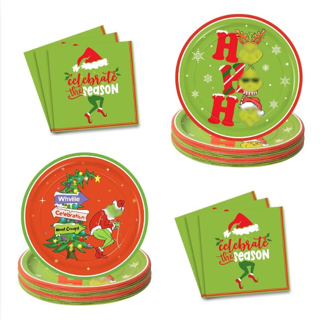 Grinchh Christmas Party Plates and Napkins Table Decorations - 32 Pack Dinnerware Set for Xmas Holiday Birthday, Serve 16