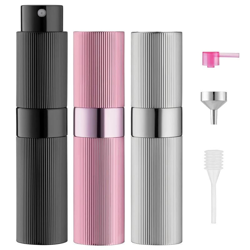 8ml Stripe Perfume Atomizer Spray Bottle, 3 count Travel Cologne Sprayer Refillable, Empty Mini Portable Perfume Dispenser (Black, Silver, Pink)