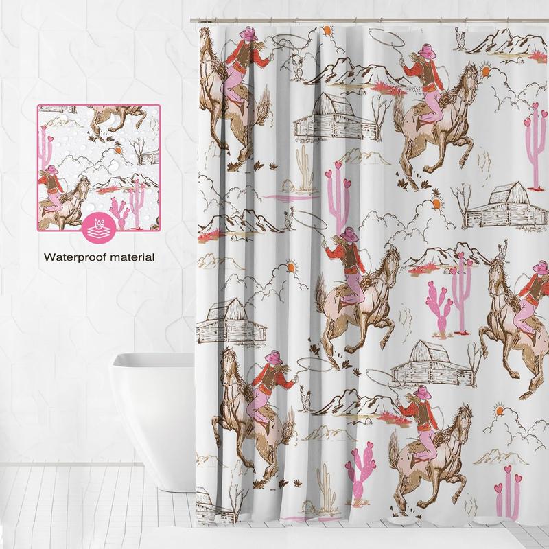 Western Shower Curtain Wild West Cowboy Bathroom Curtain Cowboy Riding Horse Cactus Desert Farmnhouse Bath Curtain Fabric Washable Waterproof Bathroom Decor 12 Hooks (Pink, 72x72 Inch)