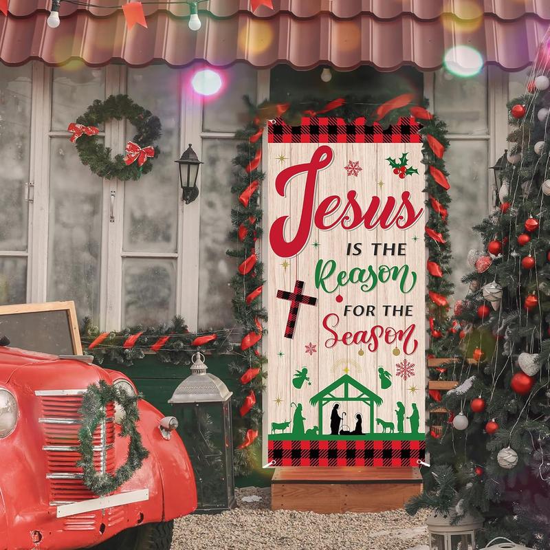 Christmas  Religious Door Cover Xmas Holy Night Door Backdrop  Is the Reason for the Season Party Door Banner for Front Door Porch Christmas Party Supplies Door Decoration,79x35 Inches