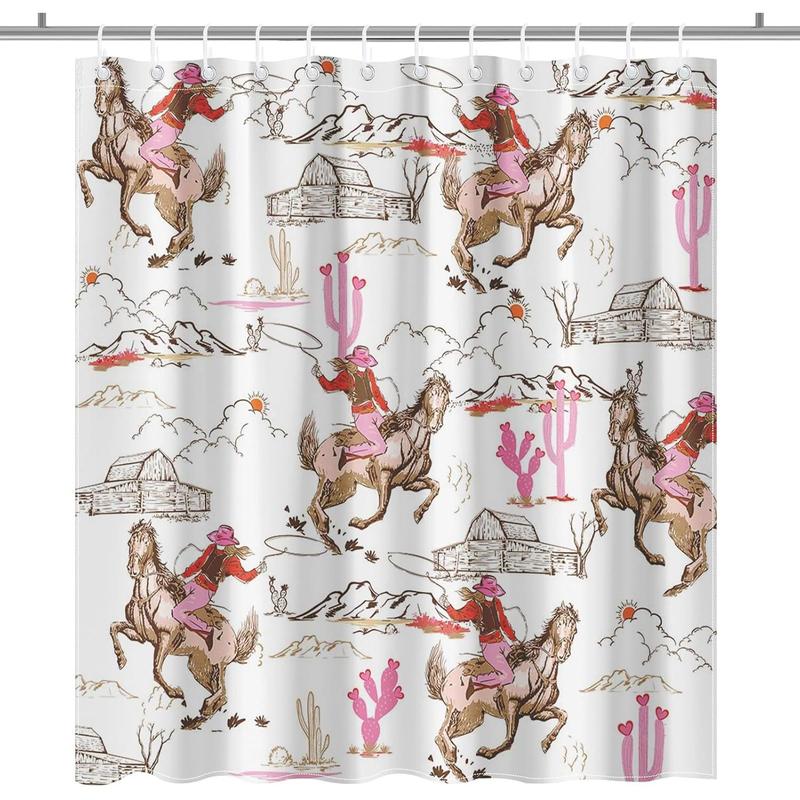 Western Shower Curtain Wild West Cowboy Bathroom Curtain Cowboy Riding Horse Cactus Desert Farmnhouse Bath Curtain Fabric Washable Waterproof Bathroom Decor 12 Hooks (Pink, 72x72 Inch)