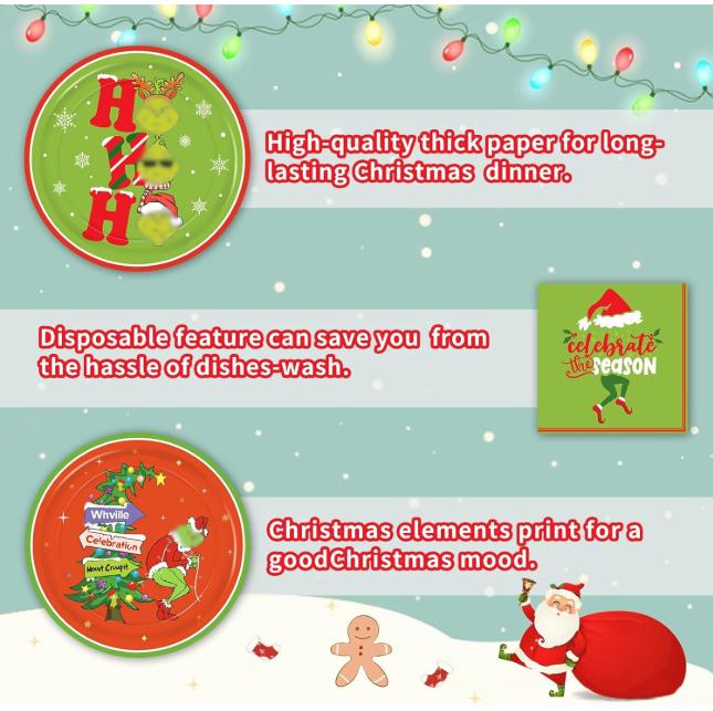 Grinchh Christmas Party Plates and Napkins Table Decorations - 32 Pack Dinnerware Set for Xmas Holiday Birthday, Serve 16