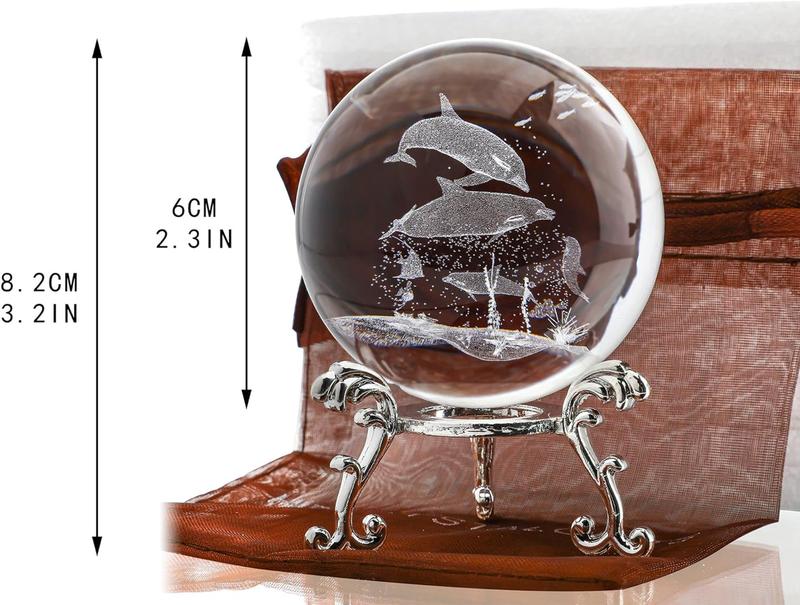 HDCRYSTALGIFTS 60mm Dolphin Crystal Ball with Stand 3D Laser Engraved Decorative Glass Sphere Paperweight(Clear)