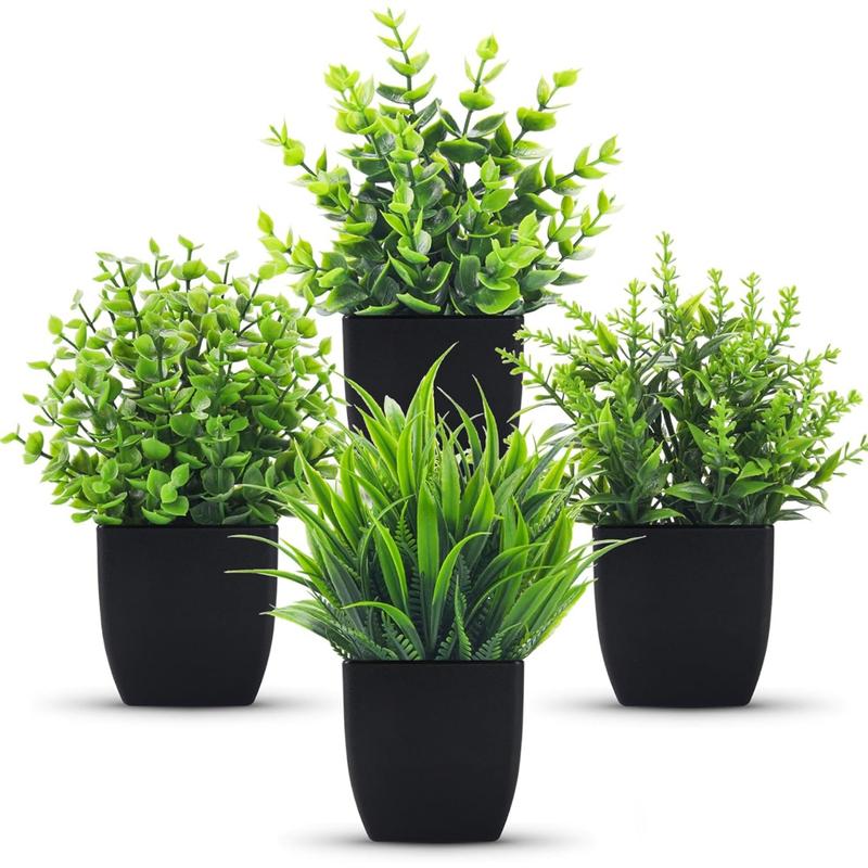 4 Pack Fake Plants Small Artificial Mini Faux Plants Indoor Black Bathroom Accessories for Room Home Office Shelf Decor