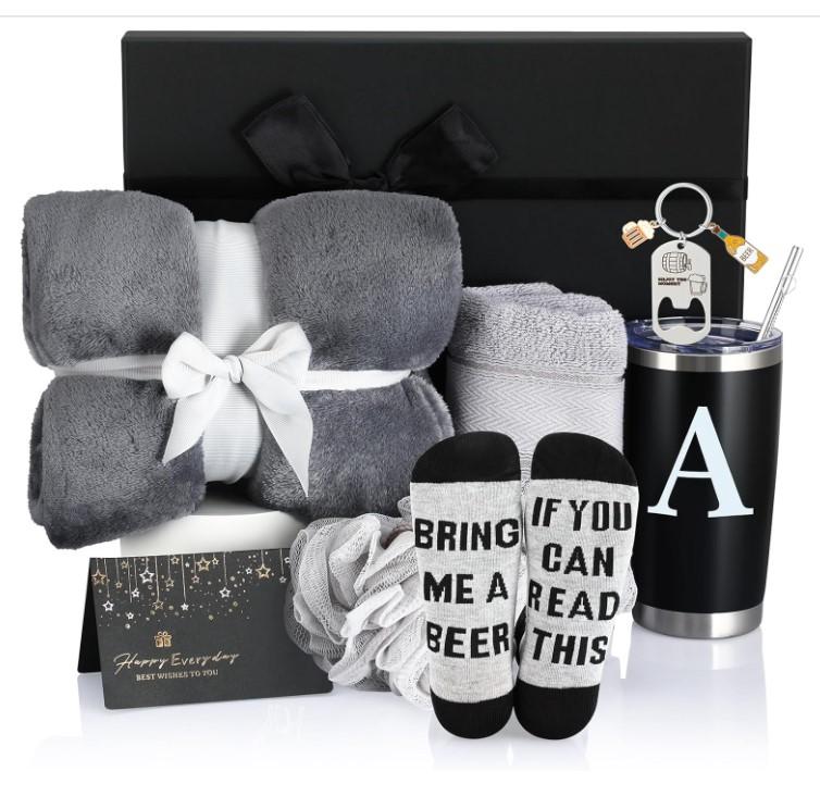 7 Pcs Initial Thanksgiving Gifts for Men Get Well Soon Gift Basket Monogram Box Gift Set for Him Husband Boyfriend Anniversary Dad Groomsman Coworker Retirement Birthday Tumbler Gift Set(A)