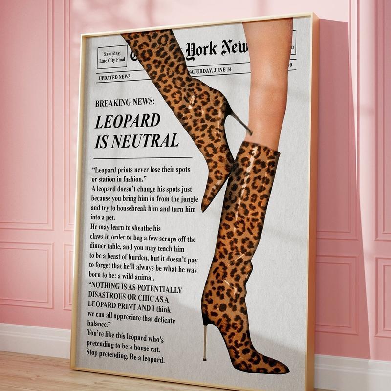 Trendy Newspaper Poster, Vintage Leopard Boots Poster, Retro Bar Cart, Magazine Cover Aesthetic, Preppy Dorm Decor Wall Decoration