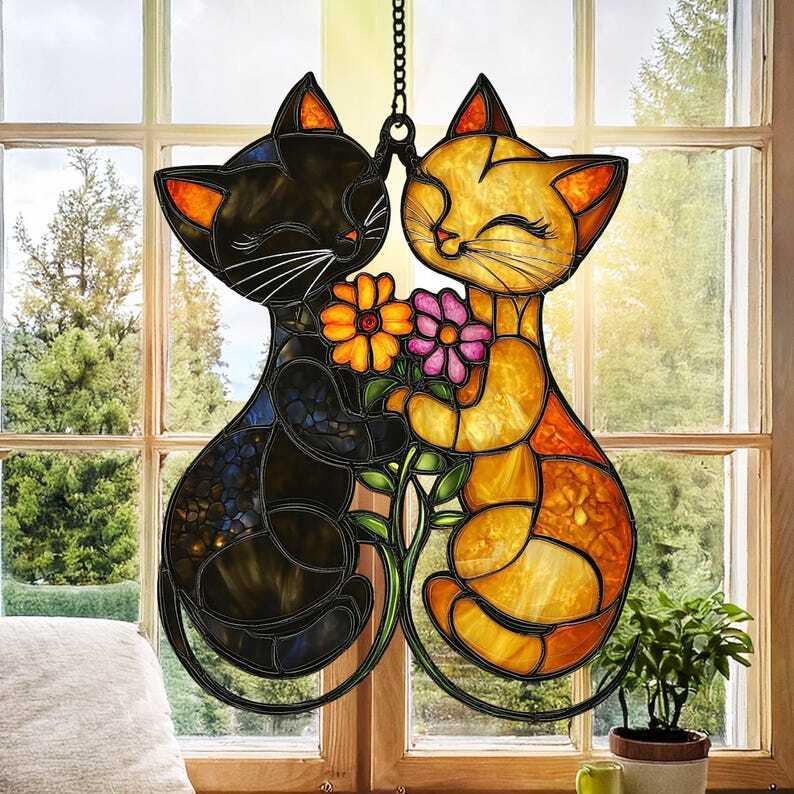 Personalized Cat Window Hanging, Acrylic Cat And Flowers Wall Decor, Perfect Gift for Cat Lovers and Cat Mom’s Home Cat Suncatcher