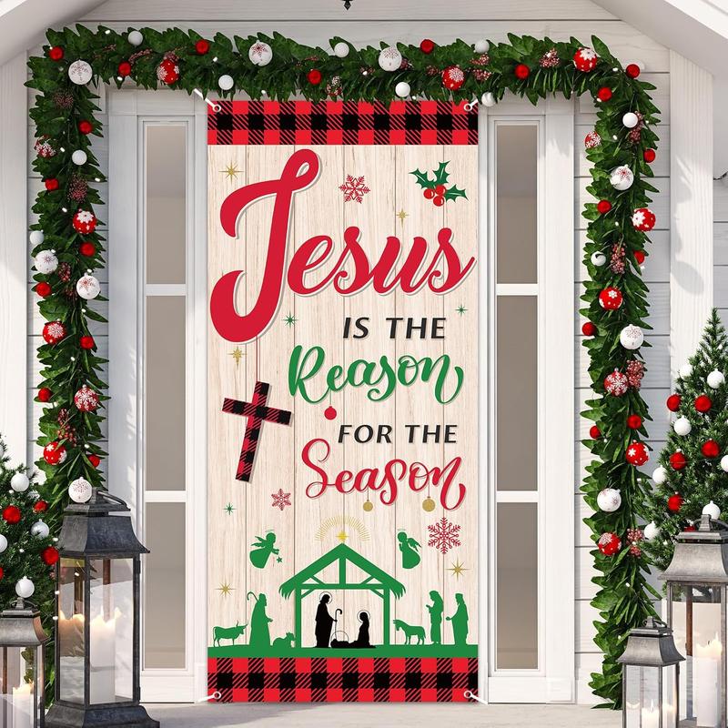 Christmas  Religious Door Cover Xmas Holy Night Door Backdrop  Is the Reason for the Season Party Door Banner for Front Door Porch Christmas Party Supplies Door Decoration,79x35 Inches