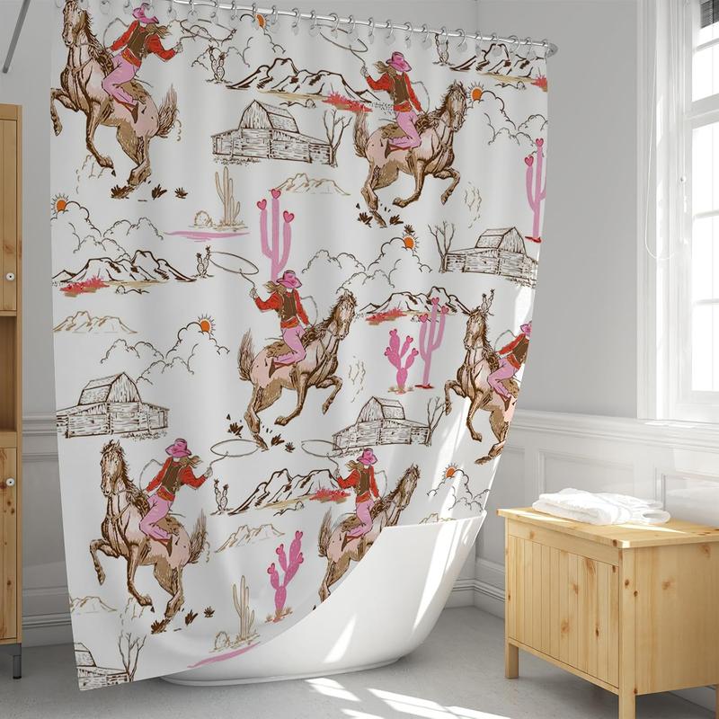 Western Shower Curtain Wild West Cowboy Bathroom Curtain Cowboy Riding Horse Cactus Desert Farmnhouse Bath Curtain Fabric Washable Waterproof Bathroom Decor 12 Hooks (Pink, 72x72 Inch)