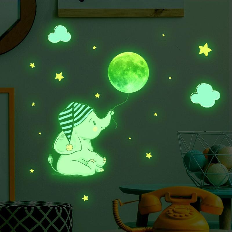 Glow in the Dark Cartoon Elephant Shaped Wall Sticker, 2pcs set Creative Self Adhesive Fluorescent Wall Sticker, Naughty Stickers for Bedroom Decor, Decorative Tiles Sticker Ornaments, Wall Decal for Kids Room Wall Decor