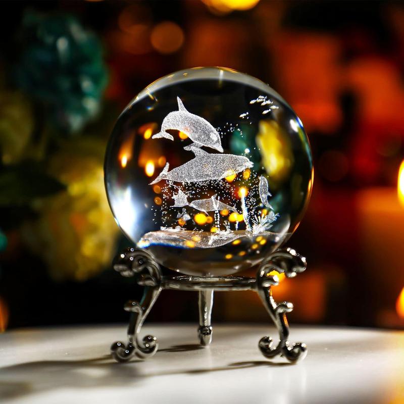 HDCRYSTALGIFTS 60mm Dolphin Crystal Ball with Stand 3D Laser Engraved Decorative Glass Sphere Paperweight(Clear)