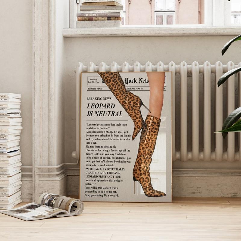 Trendy Newspaper Poster, Vintage Leopard Boots Poster, Retro Bar Cart, Magazine Cover Aesthetic, Preppy Dorm Decor Wall Decoration