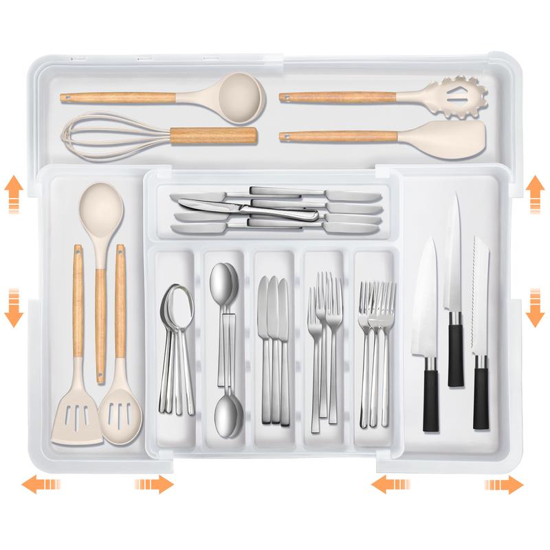 Christmas Gifts  Organizer Expandable Kitchen Utensil Drawer Organizer with 9 Compartment Large Cutlery Organizer Tray for Forks Knives Plastic Transparent 13