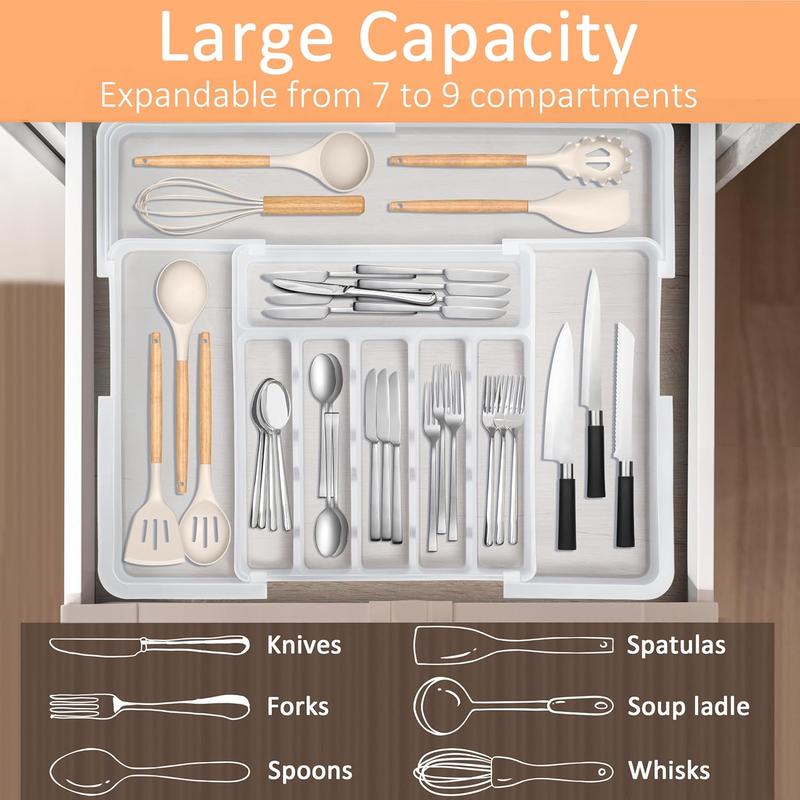 Christmas Gifts  Organizer Expandable Kitchen Utensil Drawer Organizer with 9 Compartment Large Cutlery Organizer Tray for Forks Knives Plastic Transparent 13