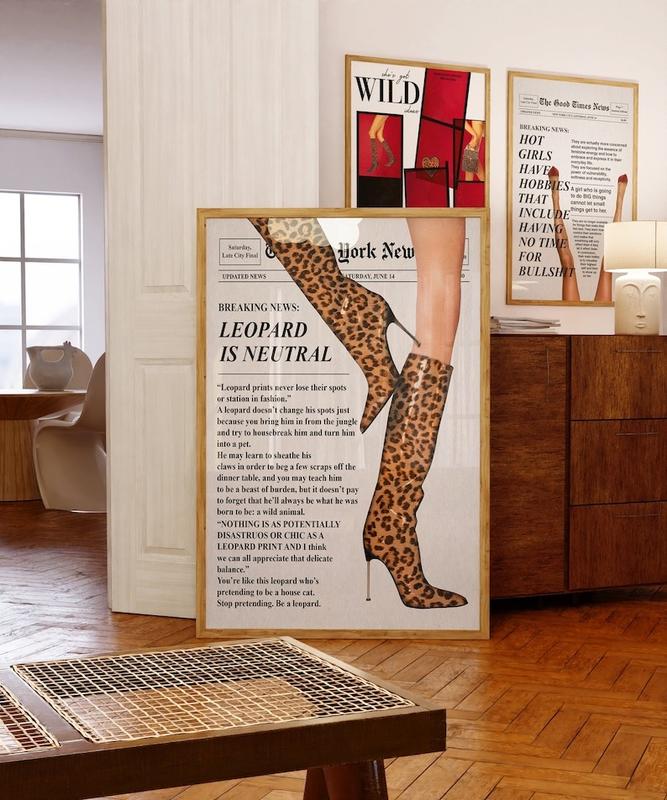 Trendy Newspaper Poster, Vintage Leopard Boots Poster, Retro Bar Cart, Magazine Cover Aesthetic, Preppy Dorm Decor Wall Decoration