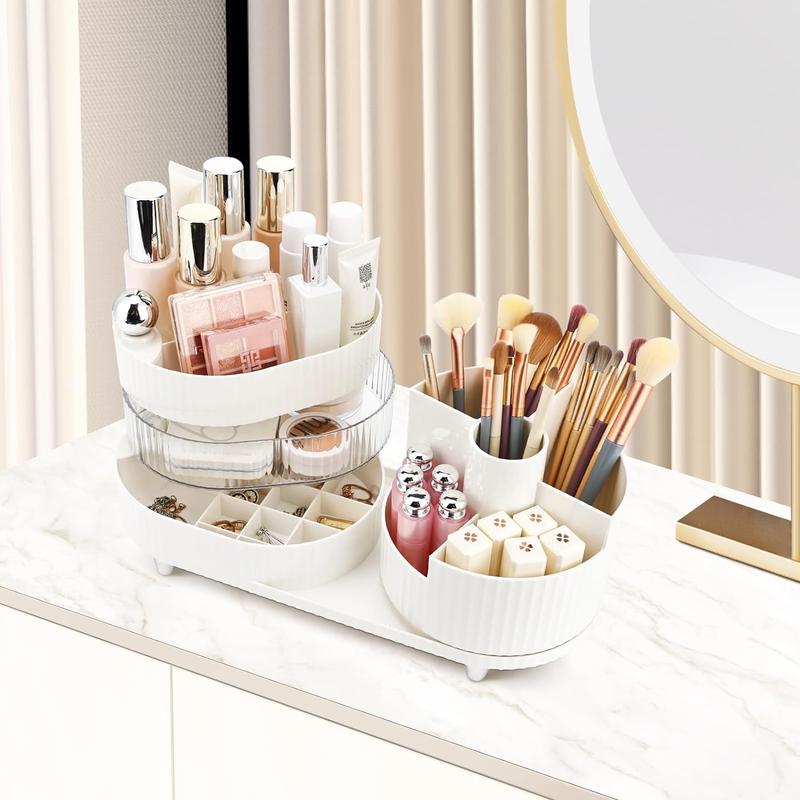 Rotating Makeup Organizer,3-Tier Spinning Makeup Countertop Organizer for Vanity with Makeup Brush Holder,Large Capacity Cosmetic Makeup Storage Organizer for Brush Lipstick Perfume Jewellry (White-3)