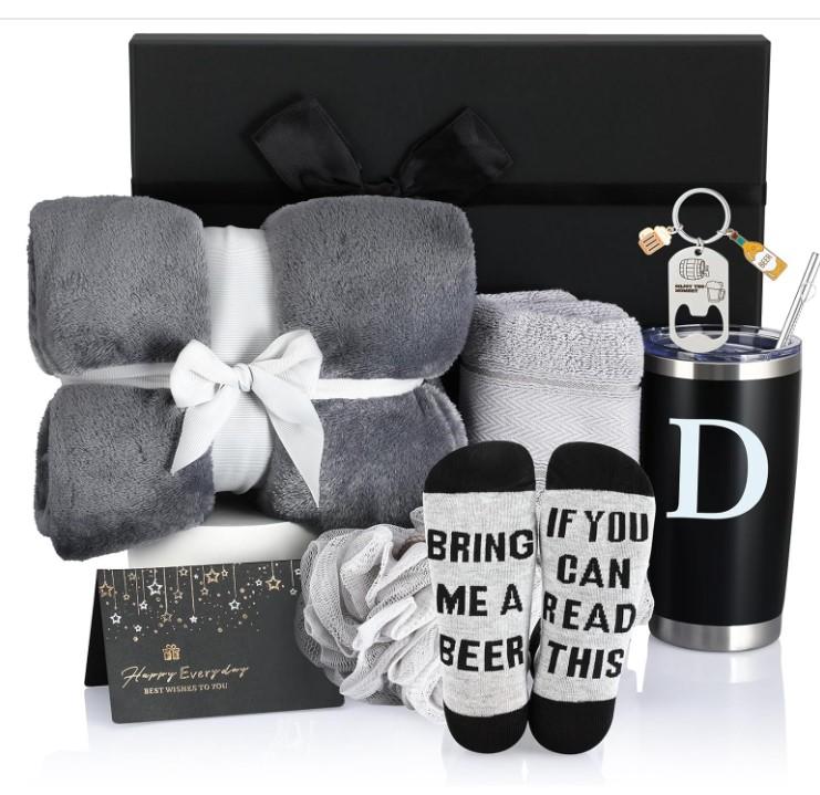 7 Pcs Initial Thanksgiving Gifts for Men Get Well Soon Gift Basket Monogram Box Gift Set for Him Husband Boyfriend Anniversary Dad Groomsman Coworker Retirement Birthday Tumbler Gift Set(A)