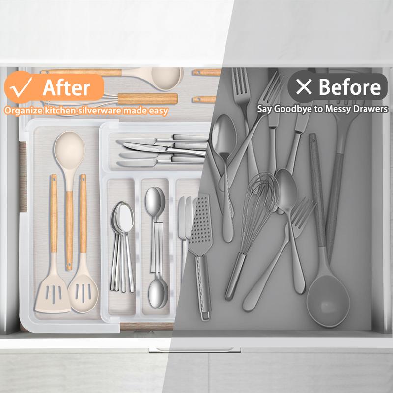 Christmas Gifts  Organizer Expandable Kitchen Utensil Drawer Organizer with 9 Compartment Large Cutlery Organizer Tray for Forks Knives Plastic Transparent 13