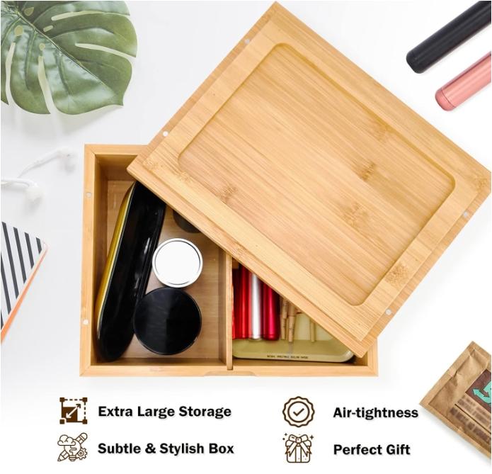 SafeDelux Large Natural Bamboo Decorative Storage Box Wooden Keepsake Box - 10” x 8” x 4” with Magnetic Lid for Home Storage (Standard Version) Organiser Compartment