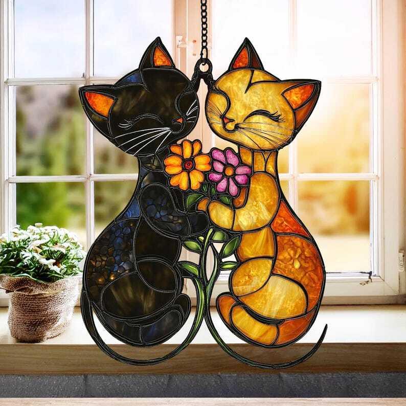 Personalized Cat Window Hanging, Acrylic Cat And Flowers Wall Decor, Perfect Gift for Cat Lovers and Cat Mom’s Home Cat Suncatcher