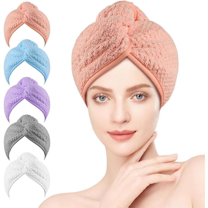 5 Pack Microfiber Hair Towels - 40 x 20 inches Super Soft, Fast Drying Turbans for Long, Thick, Curly Hair - Anti Frizz Wrap  Elastic Strap