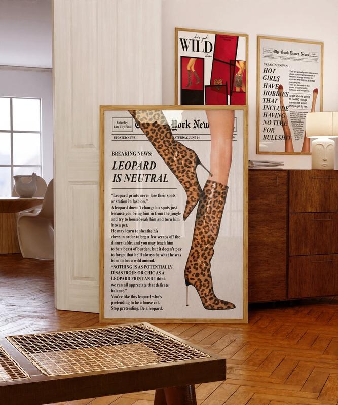 Trendy Newspaper Poster, Vintage Leopard Boots Poster, Retro Bar Cart, Magazine Cover Aesthetic, Preppy Dorm Decor Wall Decoration