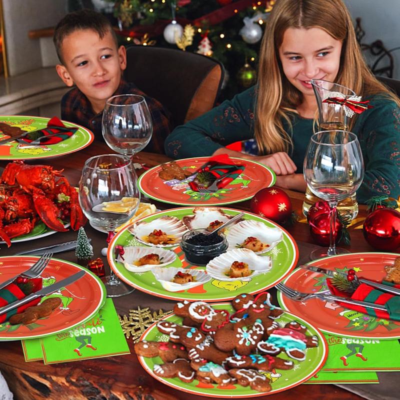 Grinchh Christmas Party Plates and Napkins Table Decorations - 32 Pack Dinnerware Set for Xmas Holiday Birthday, Serve 16