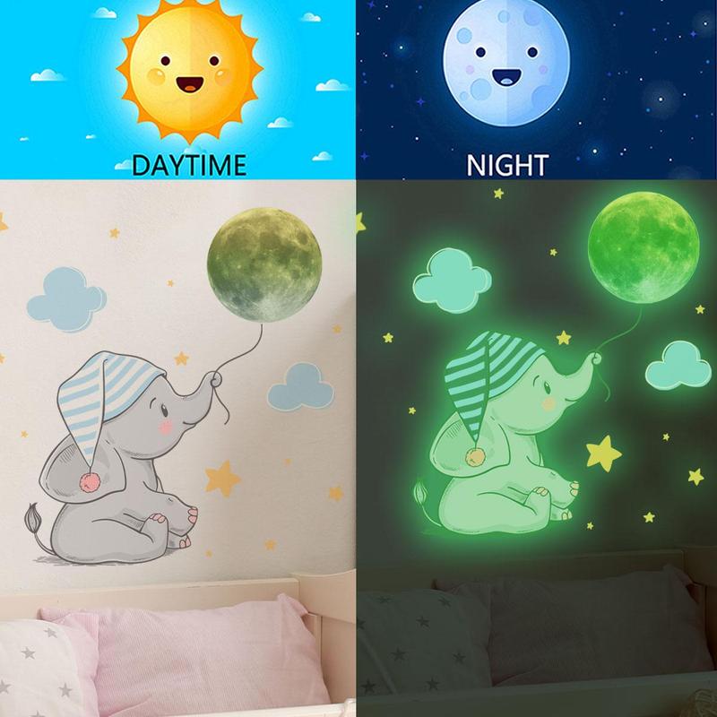 Glow in the Dark Cartoon Elephant Shaped Wall Sticker, 2pcs set Creative Self Adhesive Fluorescent Wall Sticker, Naughty Stickers for Bedroom Decor, Decorative Tiles Sticker Ornaments, Wall Decal for Kids Room Wall Decor