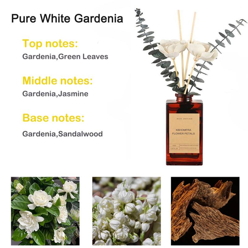 Pure White Gardenia Reed Diffuser Sets 5.07 oz(150ml) Dried Flower Home Fragrance Scent Stick Diffuser Essential Oil