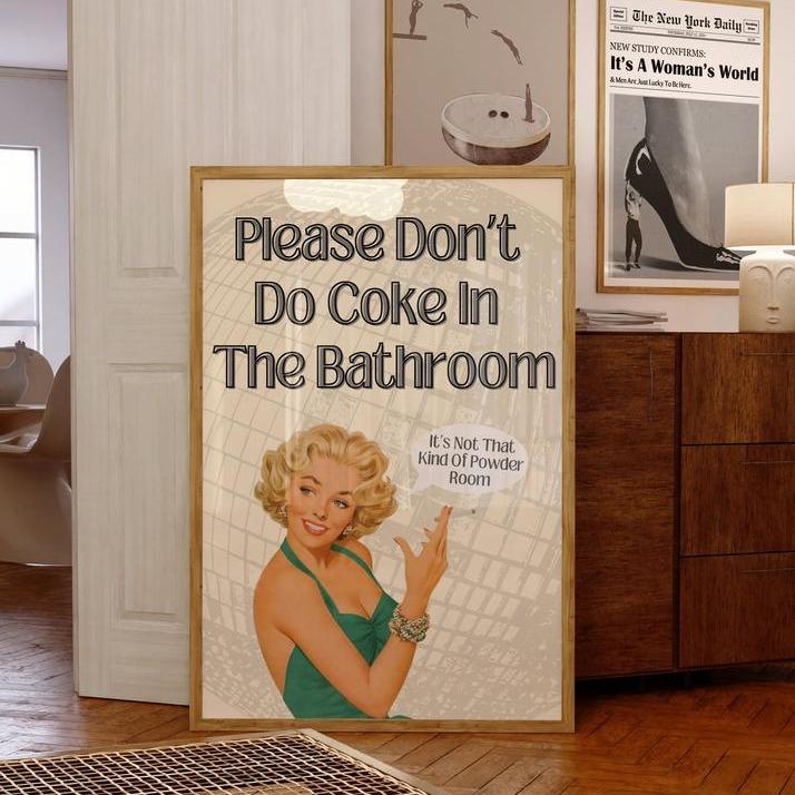 Trendy Please Don't Do Coke In The Bathroom Wall Print, Funny Bathroom Art, College Wall Decor, Bathroom Print, Retro Poster UnFrame