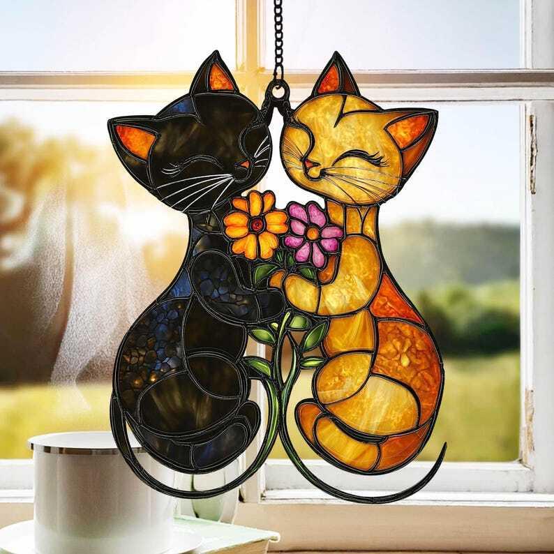 Personalized Cat Window Hanging, Acrylic Cat And Flowers Wall Decor, Perfect Gift for Cat Lovers and Cat Mom’s Home Cat Suncatcher