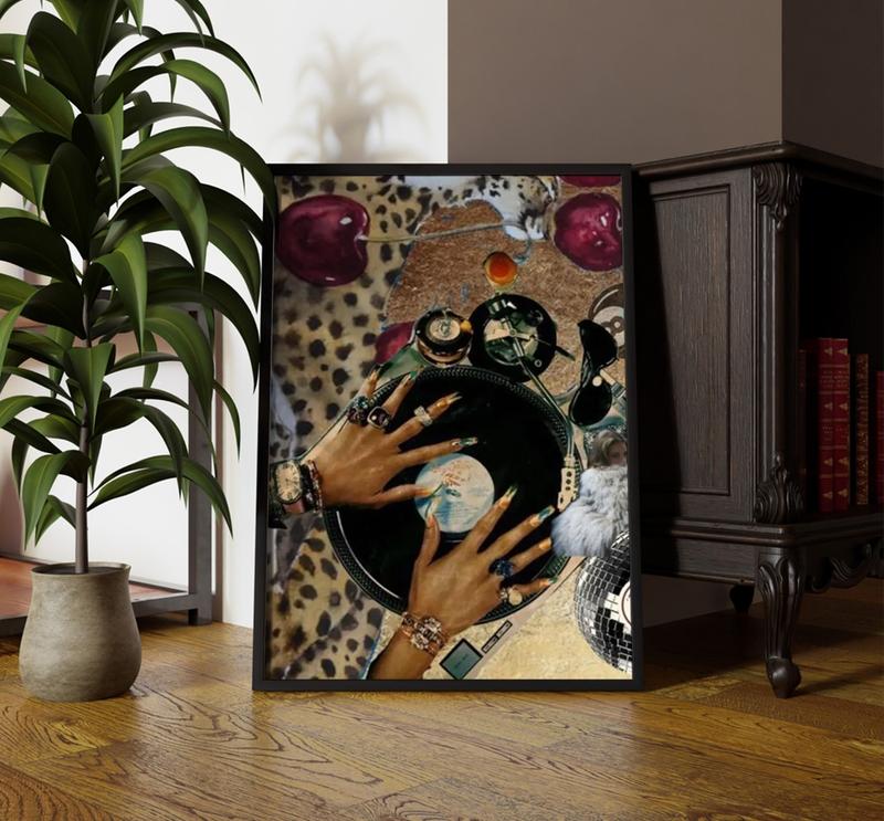 Black Girl Wall Poster, Fashion Girl Poster ,Leopard Poster, Vintage Music Record Player Print