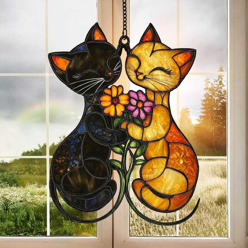 Personalized Cat Window Hanging, Acrylic Cat And Flowers Wall Decor, Perfect Gift for Cat Lovers and Cat Mom’s Home Cat Suncatcher