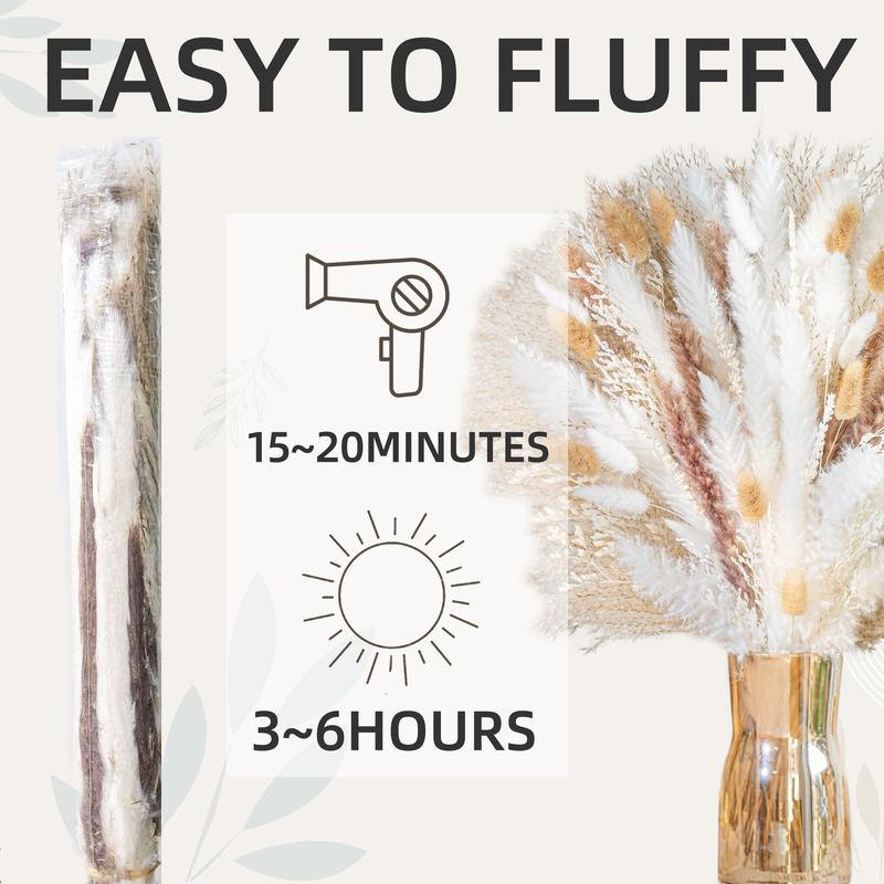 98 PCS Dried Pampas Grass Bouquet, Boho Table Decor, Bunny Tails Dried Flowers, Brown Pompas, White Pampas Grass for Wedding, Home, Rustic Party, Baby Shower Decorations