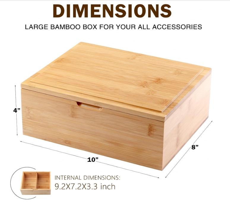 SafeDelux Large Natural Bamboo Decorative Storage Box Wooden Keepsake Box - 10” x 8” x 4” with Magnetic Lid for Home Storage (Standard Version) Organiser Compartment