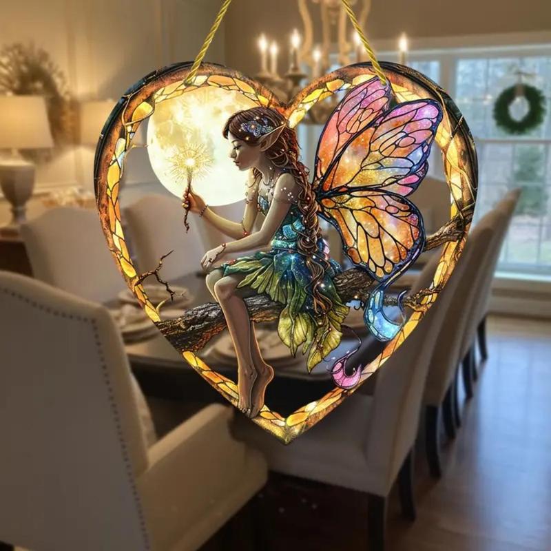 Heart Shaped Fairy Pattern Acrylic Hanging Ornament, 1 Count Colorful Glass Effect Hanging Decoration, Gift for Friend & Mom, Party Decoration Supplies