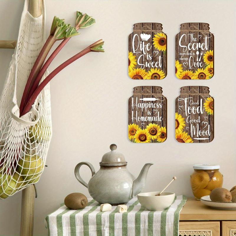 Wooden Mason Jar Shaped Decoration, 4 Counts set Sunflower Pattern Wall Art, Inspirational Farmhouse Wall Sign for Home Bedroom Living Room